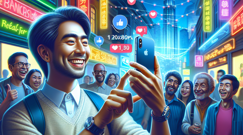 Illustration of person taking photo with iphone in a nighttime with neon lighting setting, with a happy mood.