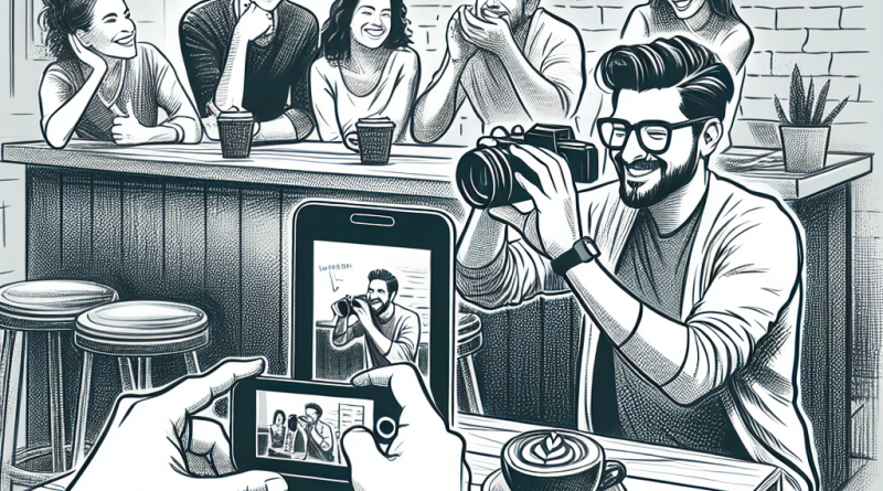 Illustration of person taking photo with iphone in a coffee shops setting, with a inspired mood.