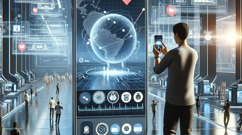 Illustration of person taking photo with iphone in a futuristic tech spaces setting, with a determined mood.