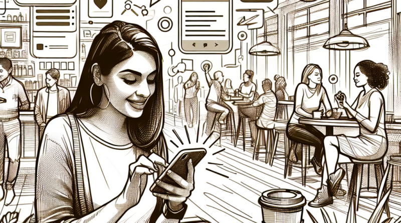 Illustration of user interacting with iphone in a coffee shops setting, with a creative mood.