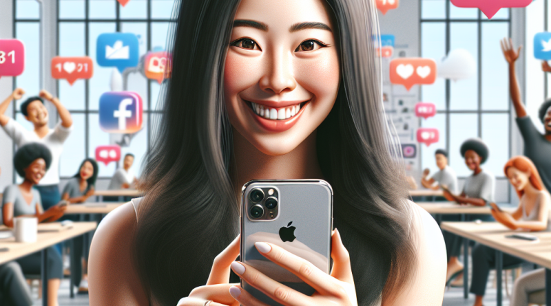 Illustration of face close-up using iphone in a bright daylight studios setting, with a happy mood.