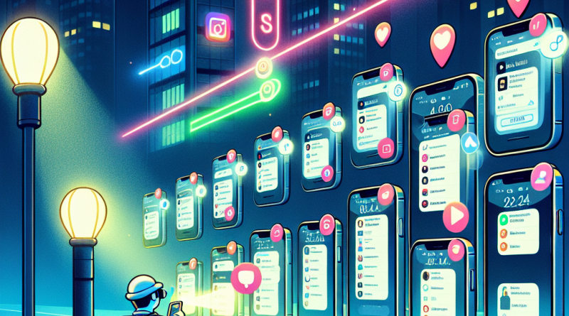Illustration of iphone thumbnails side by side in a nighttime with neon lighting setting, with a focused mood.