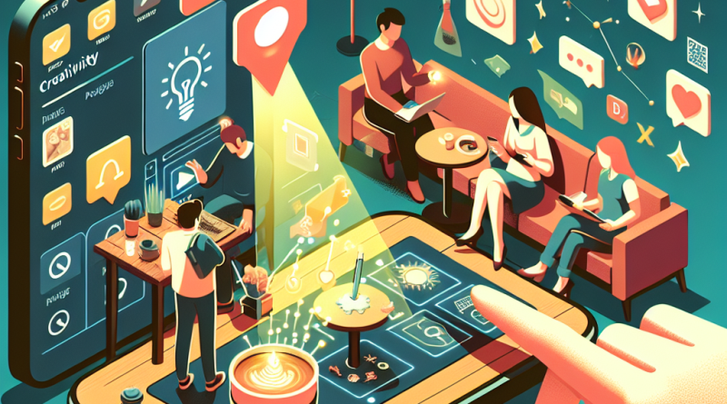 Illustration of user interacting with iphone in a coffee shops setting, with a creative mood.