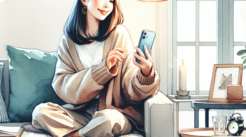 Illustration of person taking photo with iphone in a cozy home environments setting, with a relaxed mood.