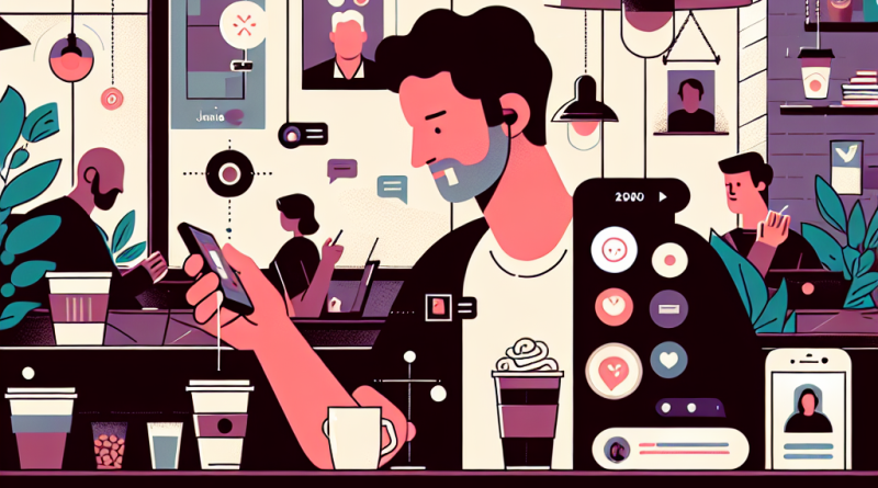 Illustration of face close-up using iphone in a coffee shops setting, with a relaxed mood.