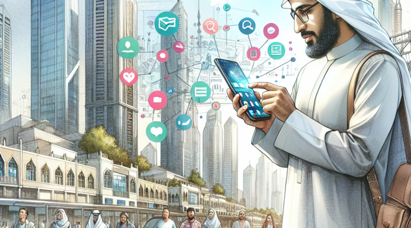 Illustration of user interacting with iphone in a urban cityscapes setting, with a creative mood.