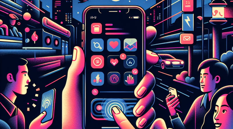 Illustration of finger tapping ios feature in a nighttime with neon lighting setting, with a relaxed mood.
