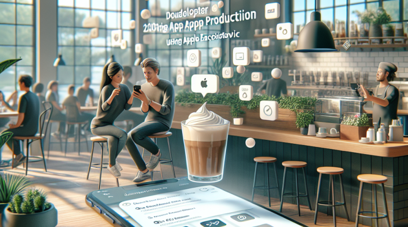 Illustration of app walkthrough on iphone in a coffee shops setting, with a creative mood.
