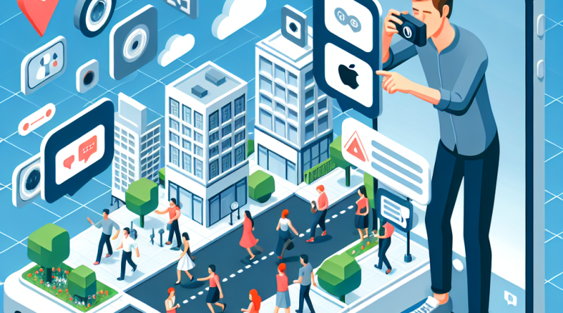Illustration of person taking photo with iphone in a urban cityscapes setting, with a focused mood.