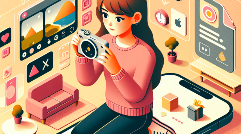 Illustration of person taking photo with iphone in a cozy home environments setting, with a focused mood.