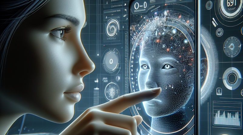Illustration of face close-up using iphone in a futuristic tech spaces setting, with a creative mood.