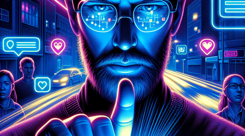 Illustration of face close-up using iphone in a nighttime with neon lighting setting, with a determined mood.
