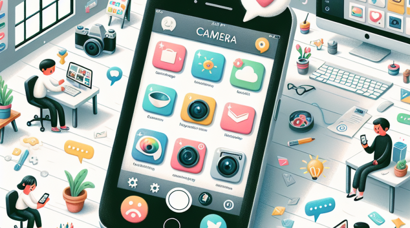 Illustration of app walkthrough on iphone in a modern workspaces setting, with a relaxed mood.