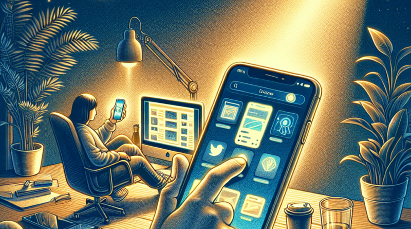 Illustration of iphone in hand in a modern workspaces setting, with a relaxed mood.