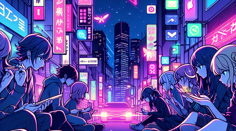 Illustration of ios 26 interface in a nighttime with neon lighting setting, with a focused mood.