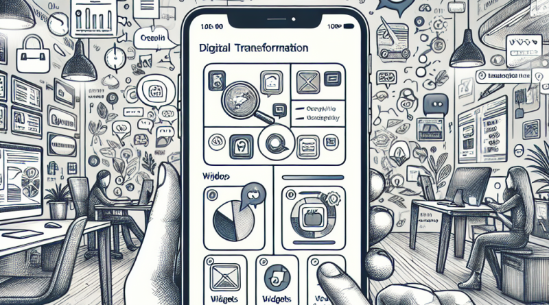Illustration of app walkthrough on iphone in a modern workspaces setting, with a creative mood.