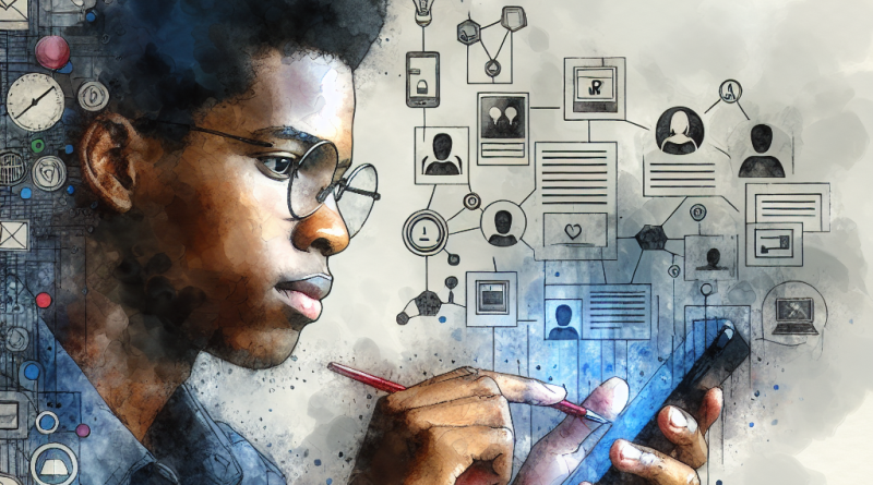 Illustration of face close-up using iphone in a minimal tech setups setting, with a creative mood.