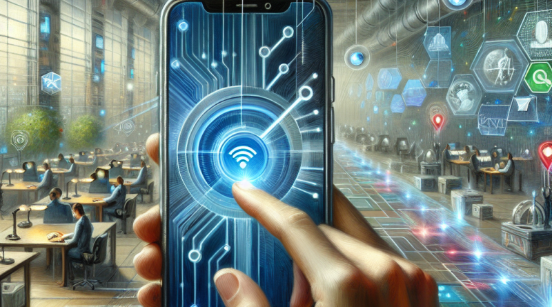 Illustration of iphone in hand in a futuristic tech spaces setting, with a focused mood.