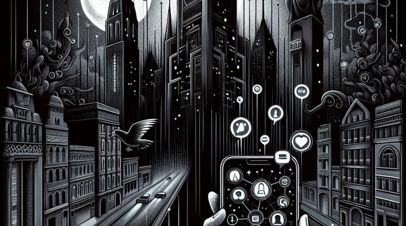 Illustration of iphone in hand in a urban cityscapes setting, with a focused mood.