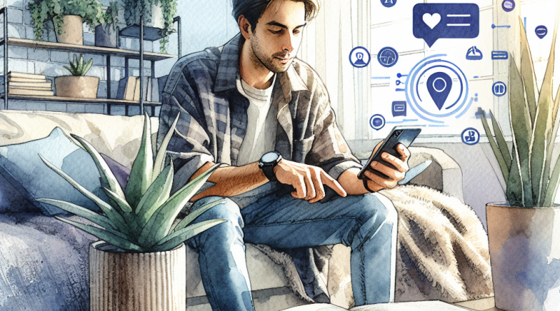 Illustration of user interacting with iphone in a cozy home environments setting, with a relaxed mood.
