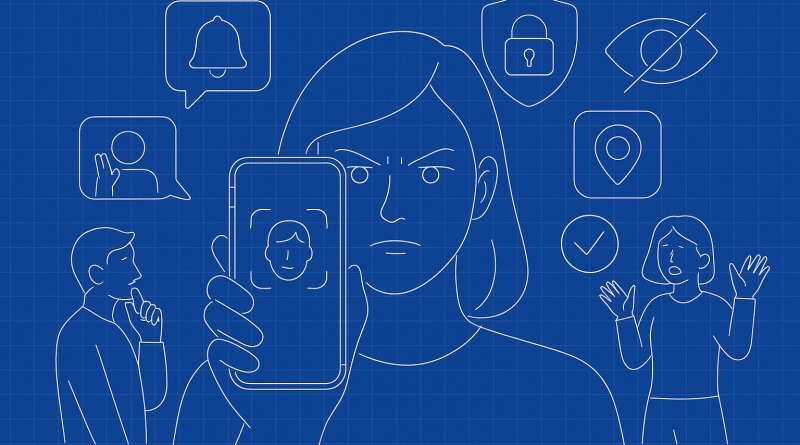 Illustration of face close-up using iphone in a abstract digital gradients setting, with a determined mood.