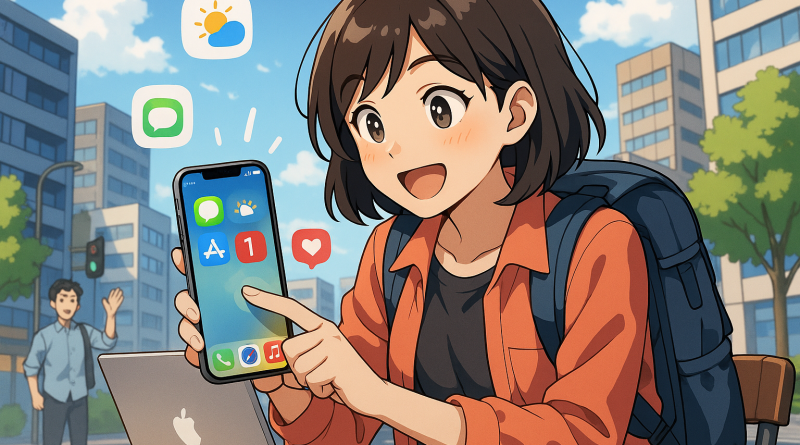 Illustration of finger tapping ios feature in a urban cityscapes setting, with a happy mood.