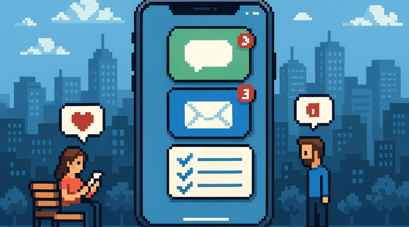 Illustration of app walkthrough on iphone in a urban cityscapes setting, with a relaxed mood.