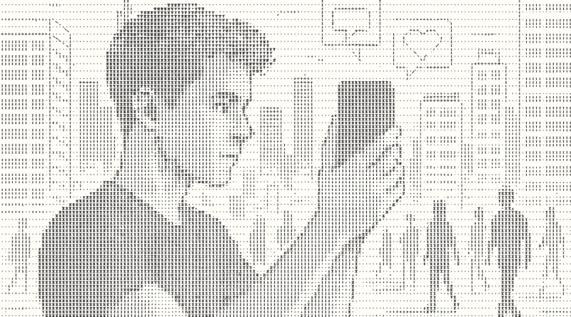 Illustration of person taking photo with iphone in a urban cityscapes setting, with a determined mood.