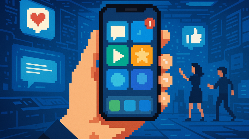 Illustration of iphone in hand in a futuristic tech spaces setting, with a creative mood.