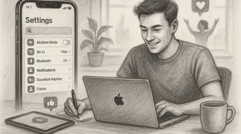 Illustration of ios settings screen in a bright daylight studios setting, with a creative mood.