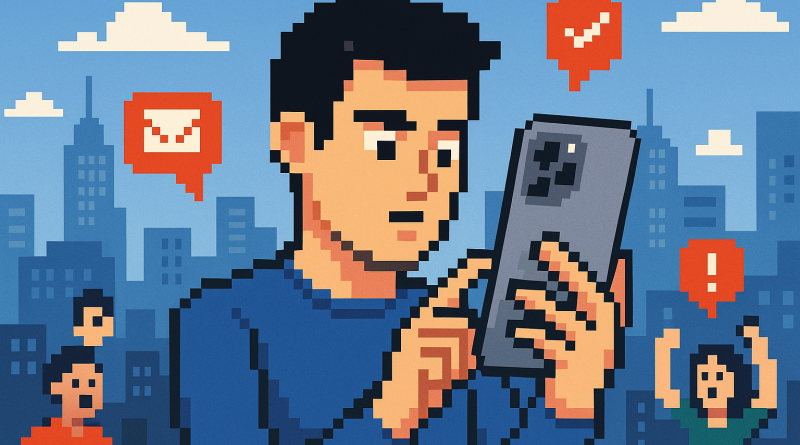 Illustration of user interacting with iphone in a urban cityscapes setting, with a determined mood.