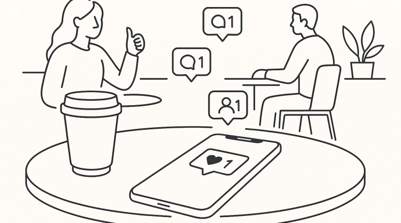 Illustration of iphone on desk in a coffee shops setting, with a determined mood.
