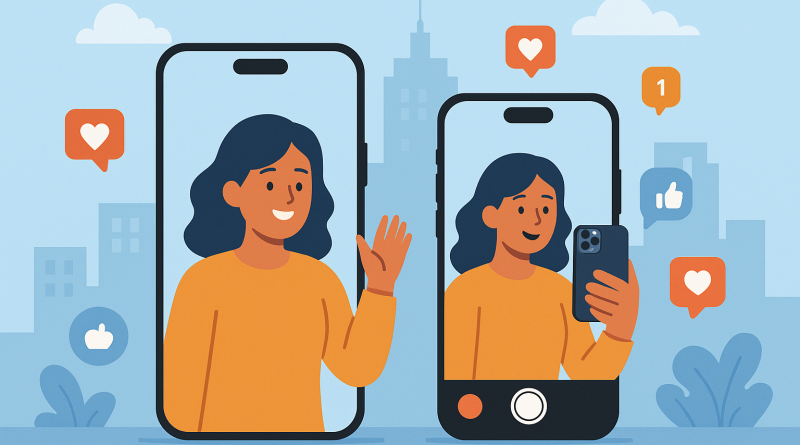 Illustration of iphone thumbnails side by side in a urban cityscapes setting, with a happy mood.