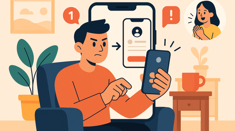 Illustration of app walkthrough on iphone in a cozy home environments setting, with a determined mood.