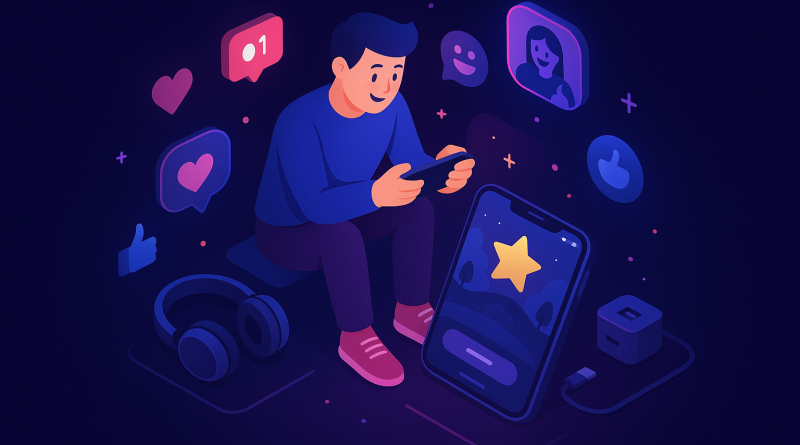 Illustration of user interacting with iphone in a nighttime with neon lighting setting, with a happy mood.