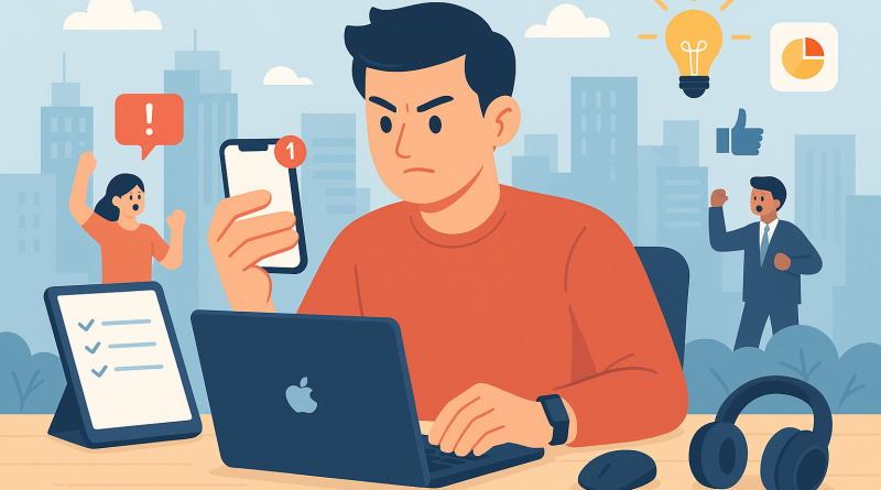 Illustration of iphone in hand in a urban cityscapes setting, with a determined mood.