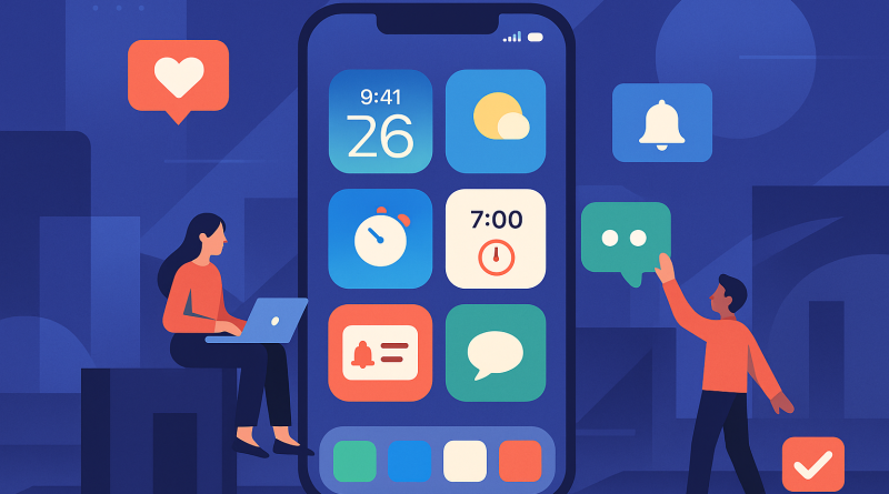Illustration of ios 26 interface in a futuristic tech spaces setting, with a creative mood.