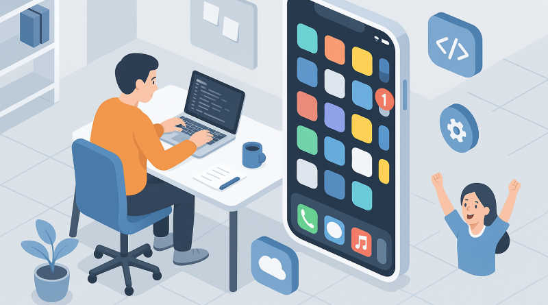 Illustration of iphone thumbnails side by side in a modern workspaces setting, with a focused mood.