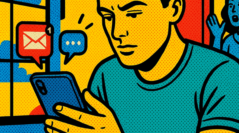 Illustration of user interacting with iphone in a bright daylight studios setting, with a focused mood.