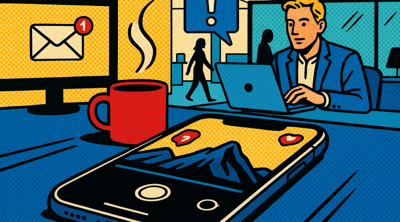 Illustration of iphone on desk in a modern workspaces setting, with a determined mood.