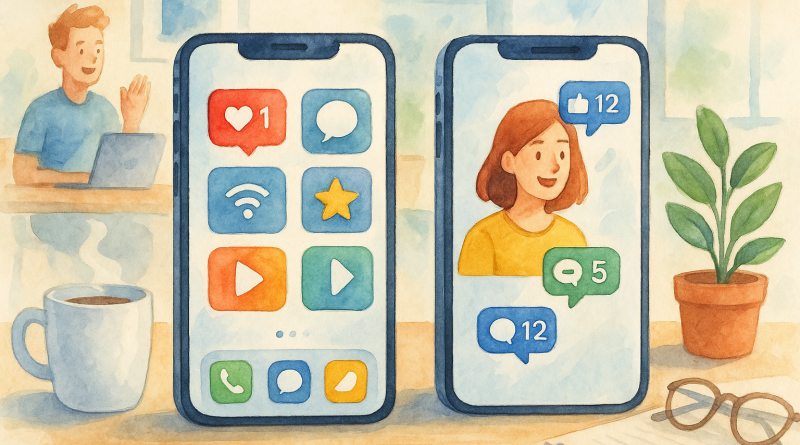 Illustration of iphone thumbnails side by side in a modern workspaces setting, with a relaxed mood.