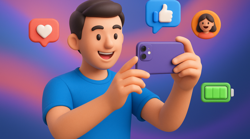 Illustration of person taking photo with iphone in a abstract digital gradients setting, with a happy mood.