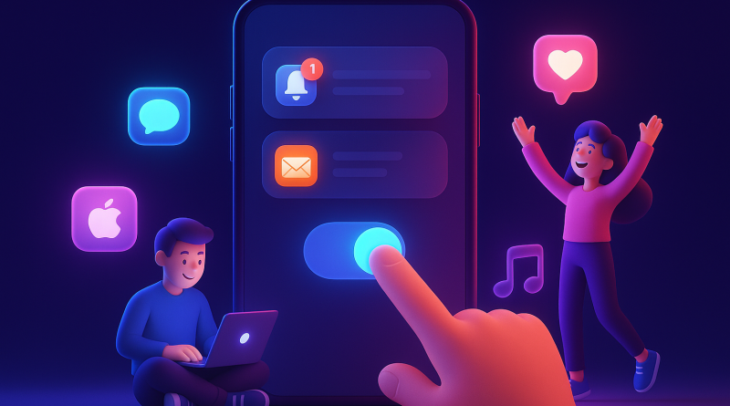 Illustration of finger tapping ios feature in a nighttime with neon lighting setting, with a inspired mood.