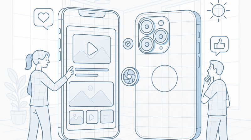 Illustration of iphone thumbnails side by side in a bright daylight studios setting, with a creative mood.