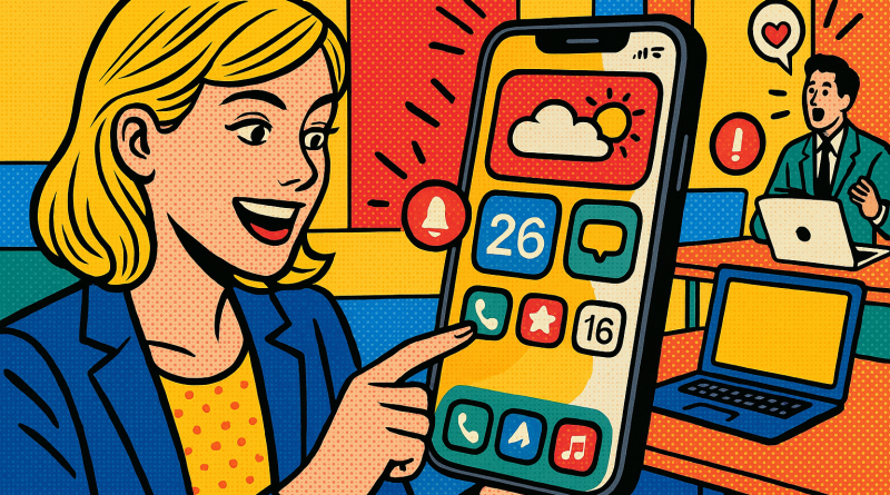 Illustration of app walkthrough on iphone in a modern workspaces setting, with a inspired mood.