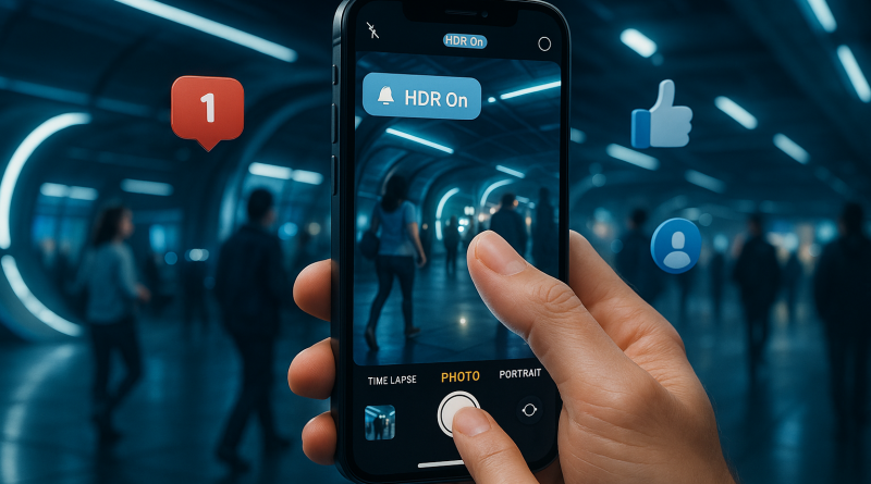 Illustration of finger tapping ios feature in a futuristic tech spaces setting, with a determined mood.