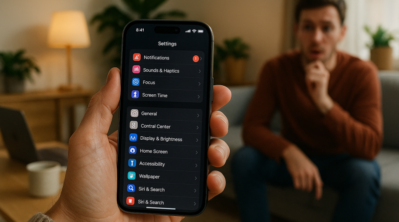 Illustration of ios settings screen in a cozy home environments setting, with a determined mood.