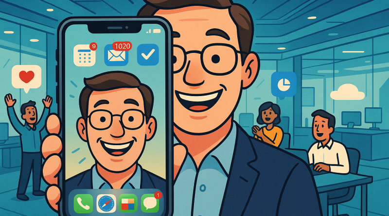 Illustration of face close-up using iphone in a futuristic tech spaces setting, with a happy mood.