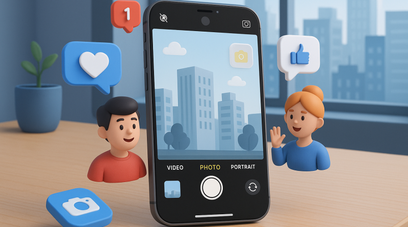 Illustration of iphone on desk in a urban cityscapes setting, with a focused mood.