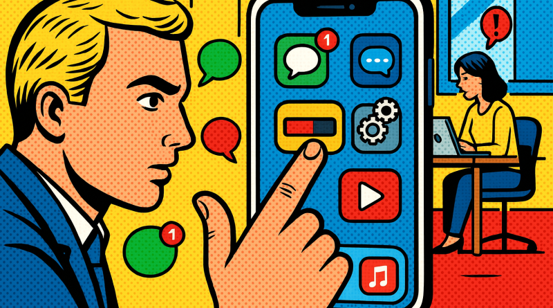 Illustration of finger tapping ios feature in a bright daylight studios setting, with a focused mood.